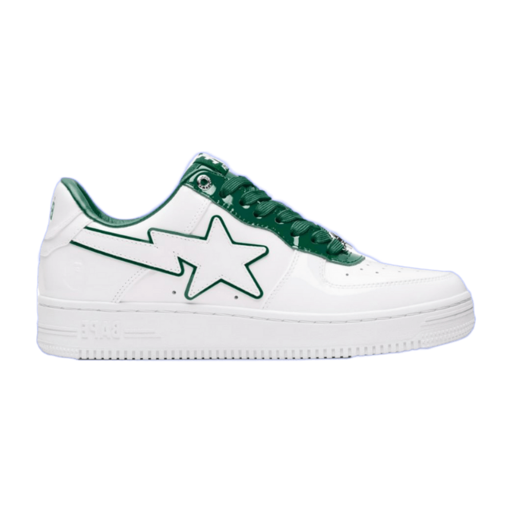 A BATHING APE BAPE STA LOW PATENT LEATHER WHITE GREEN